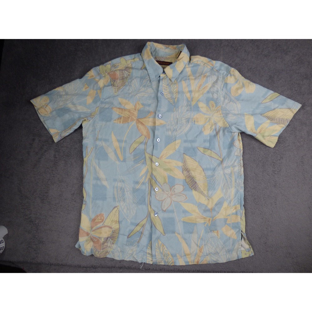 Tori Richard Silk Aloha Shirt Mens Large Blue Yellow Floral Jacquard S/S Button